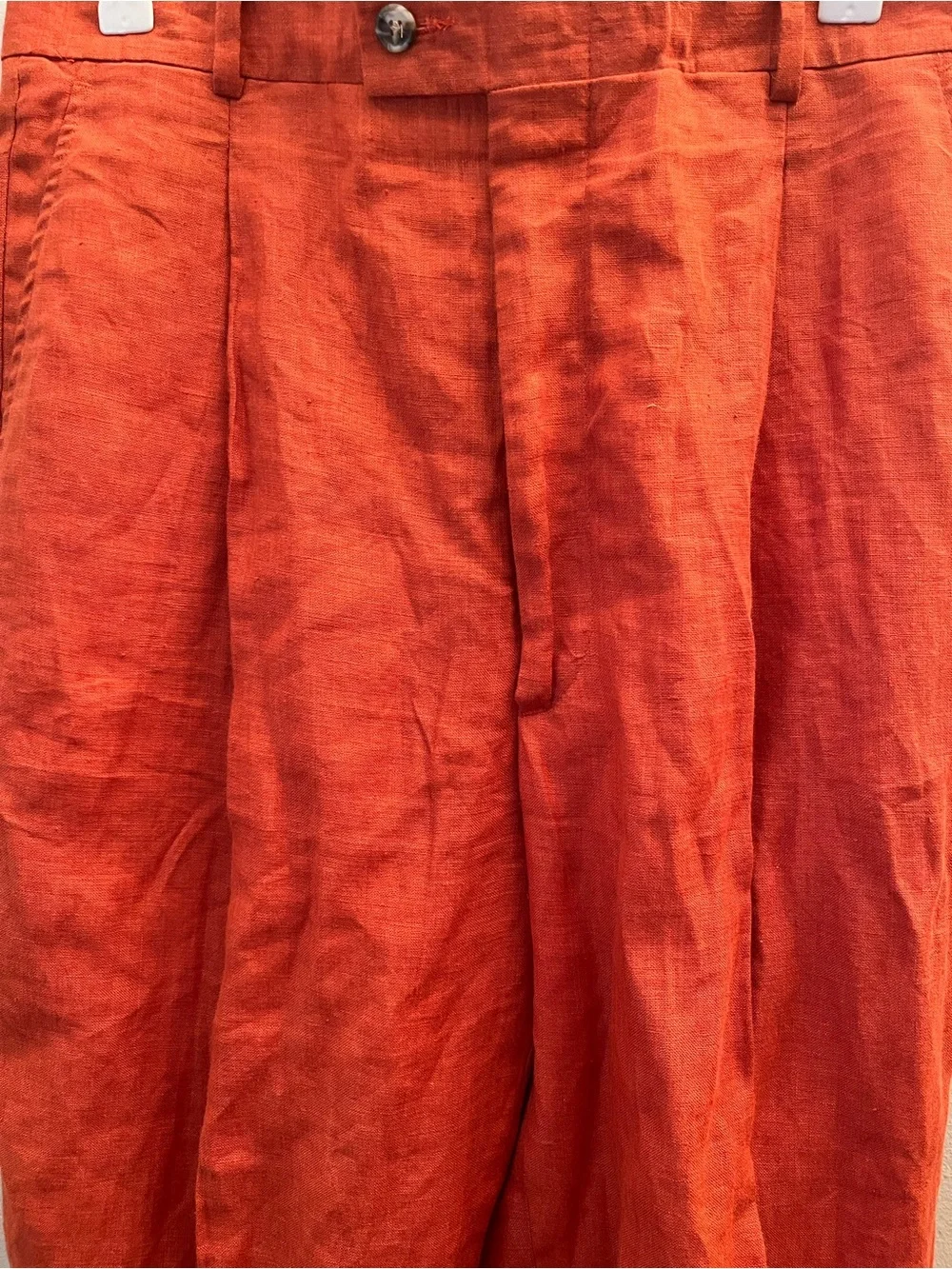INSERCH Mens Vintage 100% Linen Pants Size 32 Burnt Orange Cuffs Pockets Pleats
